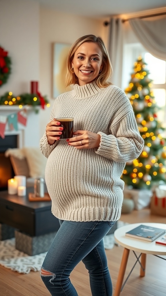 Pregnant woman in a cozy sweater and jeans, celebrating Christmas in a decorated living room.